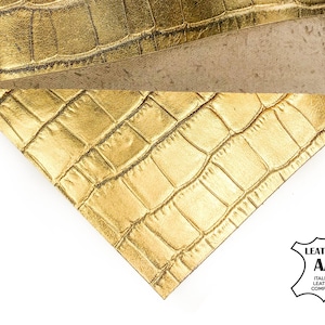 Gold Crocodile Print Sheet 6x6 / 8x10 / 12x12 / 12x18 / 18x24 / Genuine Calf Metallic Earring Pieces / Shiny Print Scrap 1026, 0.9mm/2.25oz