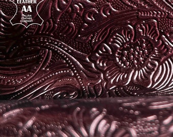 Metallic Dark Burgundy Lambskin With Embossed Floral Print 3-7 sqft // 0.3 - 0.76m2 Shiny Fabric 0.7-0.8mm/1.75-2oz BURGUNDY FLOWERS 1521