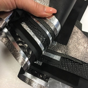 BLACK and SILVER Leather Scraps MIX Classic Black Sheep skin and Silver  Sheets Genuine leather pieces Textured silver pieces Black suede