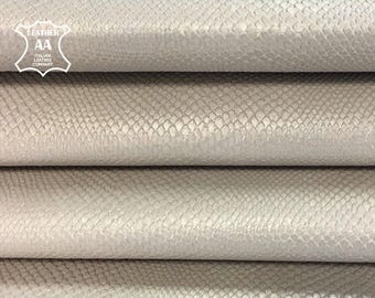 Beige PERLAMUTER SNAKE print Genuine leather pieces with cloth on back 810, 5oz Real lambskin leather sheets Shiny snake print for sewing