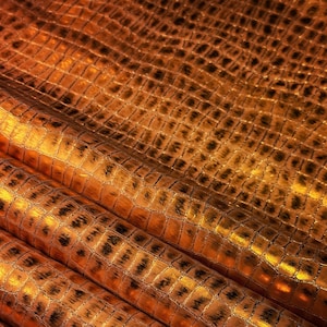 Orange Metallic Lambskin With Crocodile Print 3 - 5 sqft Shiny Thick Textured Embossing Pieces 1mm/2.5oz ORANGE CROCO 1536