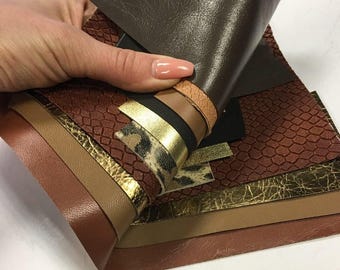 BROWN Leather Scraps MIX real Lambskin Hide Remnants Brown suede Leopard Sheets Real leather pieces Genuine leather material DIY scrap packs
