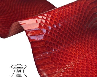 Red Glossy Real Snake Leather Skin VeryThin 0.1-0.2mm (0.25–0.5 oz) Exotic Python Leather Scale Texture