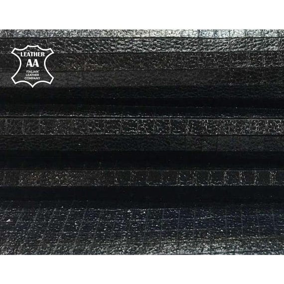 BLACK textured leather hides, Thin Metallic Sheep skin sheets Scaled lambskin PLAID BLACK 793, 1.25oz Genuine sewing leather geometric print