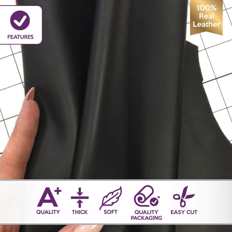 Black Lambskin Leather 5, 6, 7 sqft (0.56-0.76m2) Natural Sewing Animal Hides Italian Quality Leather For Crafts 0.5mm/1.25oz JET BLACK 516 image 3
