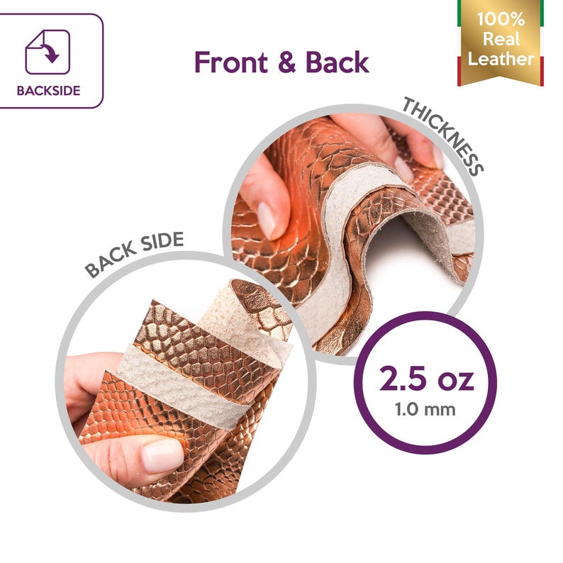 High Quality Italian Genuine Metallic Snake Hide Leather Sheets | Rose Gold | Choose Your Size | Snake Print Leather Sheets image 4