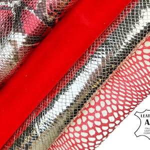 Rood Zilver Metallic Reliëf Snakeskin Lambskin Lederen BUNDEL van 4 A + Huiden / GRATIS Express Levering + Gift / 3-5,5 sqft / 1,75 - 2,25 oz