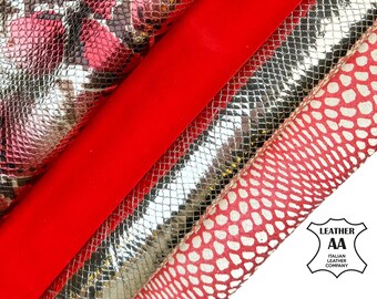 Red Silver Metallic Embossed Snakeskin Lambskin Leather BUNDLE of 4 A+ Hides / FREE Express Delivery + Gift / 3-5.5 sqft / 1.75 - 2.25 oz