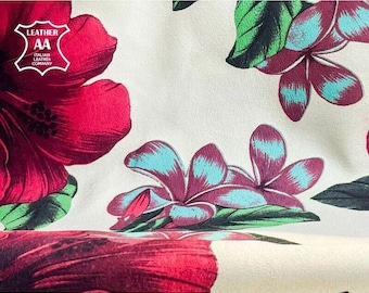 Beige FLOWER Print Leather// Genuine Sheepskin Pieces // Floral Print Lambskin // 5 - 7 sqft// HAWAII FLOWERS, 1309, 0.5mm / 1.25oz