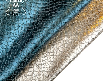 Light Gold And Teal Blue Metallic 4 - 5 sqft // 0.36 - 0.5 m2 Reptile Print Leather Thick Lambskin 1mm/2.5oz TEAL & GOLD REPTILE 1505