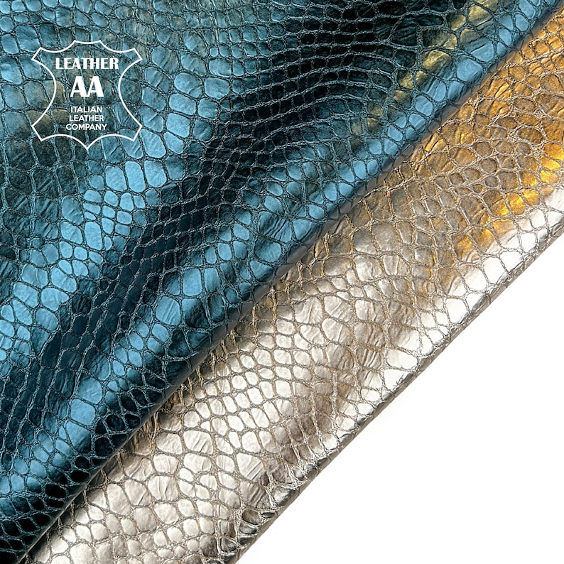 Light Gold And Teal Blue Metallic 4 5 sqft // 0.36 0.5 m2 Reptile Print Leather Thick Lambskin 1mm/2.5oz TEAL & GOLD REPTILE 1505 image 1