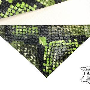 Può includere: Primo piano di un pezzo di pelle di serpente verde e nera con un lato inferiore bianco. La pelle ha un motivo strutturato e squamoso. Il logo Italian Leather Company si trova nell'angolo in basso a destra.