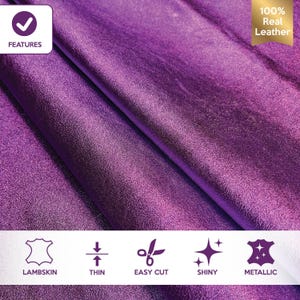 PURPLE Metallic Genuine Sheepskin// Shiny Leather Fabric// Violet Glossy Lambskin// 2-7 sqft// VIOLA, 705, 0.7-1mm/1.75-2.5oz