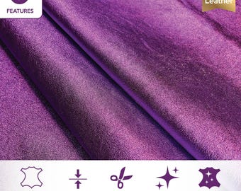 PURPLE Metallic Genuine Sheepskin// Shiny Leather Fabric// Violet Glossy Lambskin// 2-7 sqft// VIOLA, 705, 0.7-1mm/1.75-2.5oz