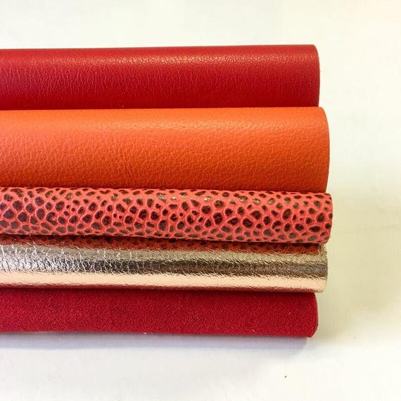 Dotted Red and Rose Gold Sheets // * 5x5 inches * // Genuine Leather Sheets for Crafts FIVE Leather Pieces // RED and Rose Gold * 5x5 Inch *