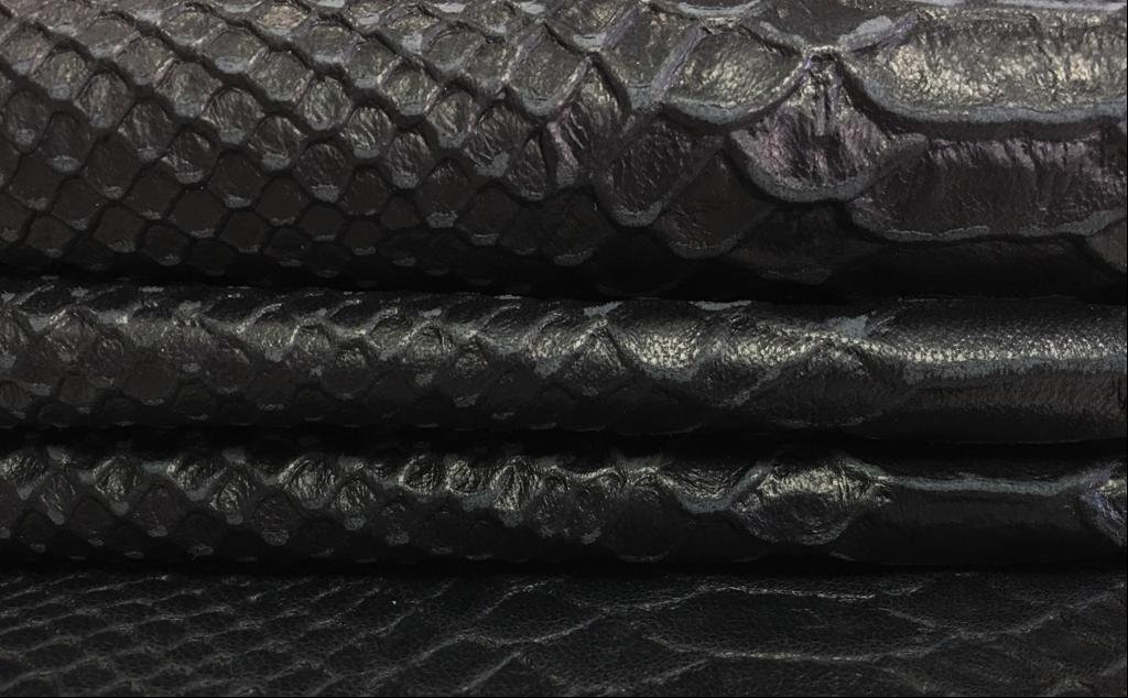 SNAKE print black Leather fabric genuine black textured | Etsy