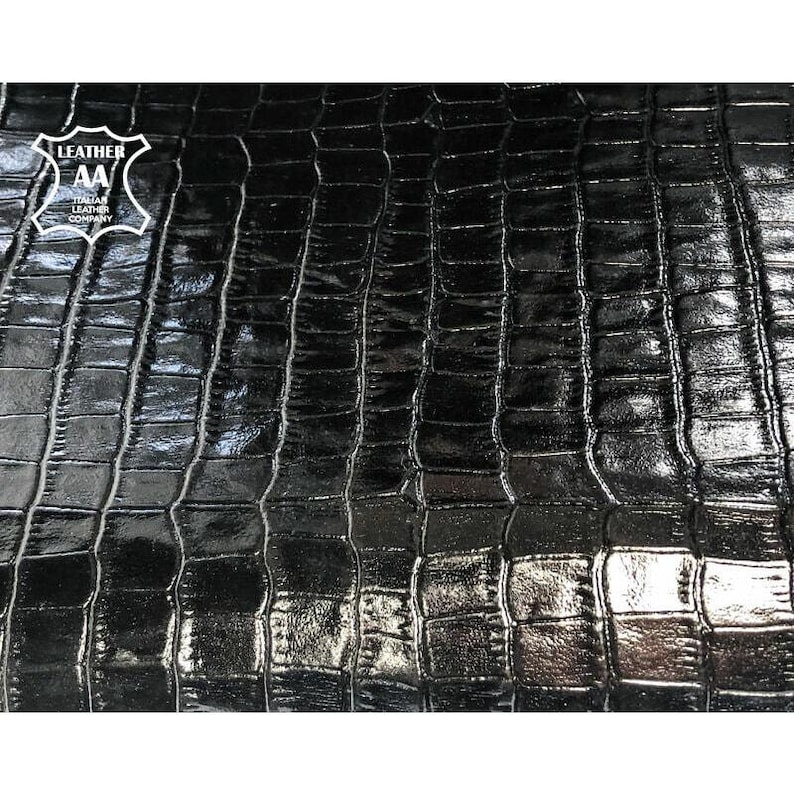 Shiny Black Crocodile // Genuine Black Leather Mixed With Green Hue // Crocodile Print Hides // Pirate Black Crocodile 918 0.8mm / 2 oz image 1