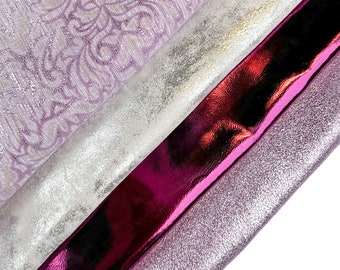 Pink Purple Flower Vintage Silver Purple Mirror 3- 6  sqft Leather / Metallic Lambskin Italian Skin Bundle of 4 Hides//FREE Express Delivery