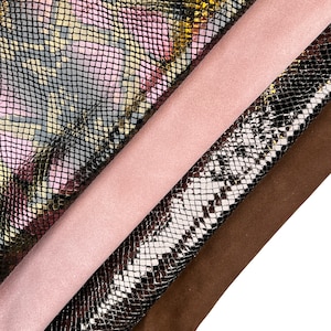 Lila Metallic Spiegel Schlangenleder Print Braun Rosa Wildleder Lammleder // 4 - 5 m² // Bündel 4 Felle // Premium italienischer Lederlieferant