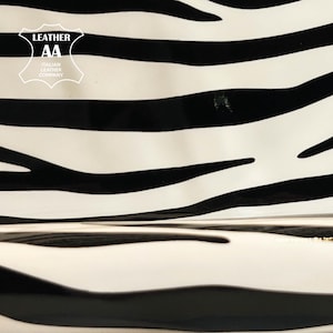 Couro envernizado com estampa de zebra preto e branco // 4-5 pés quadrados // Material de costura em couro de cordeiro legítimo com listras e estampa animal 1453, 0,7 mm/ 1,75 oz