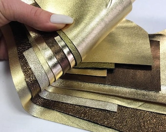 Gold Mix Real Leather Scraps Dark Gold, Bronze Remnants Pieces For Crafting 0.7-1.1 mm // 1.75 oz - 2.75 oz