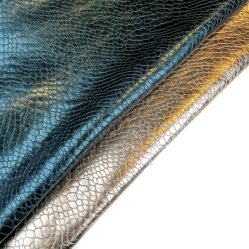 Light Gold And Teal Blue Metallic 4 5 sqft // 0.36 0.5 m2 Reptile Print Leather Thick Lambskin 1mm/2.5oz TEAL & GOLD REPTILE 1505 image 5