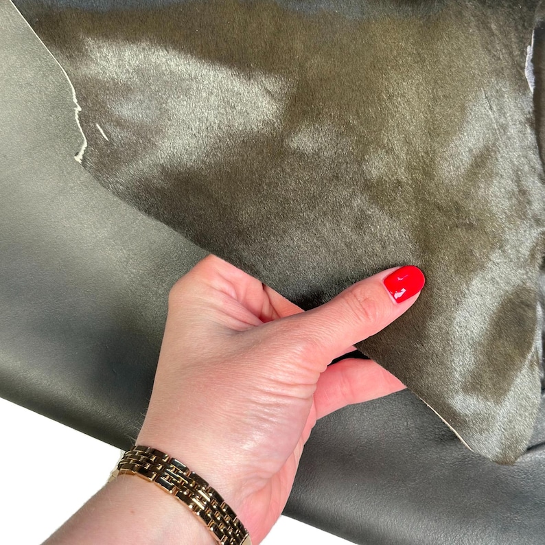 Dark Khaki Pony Hair Real Leather Hide 4, 5, 6 sqft Hair-On Leather 0.7-0.8mm (1.75-2oz) image 5