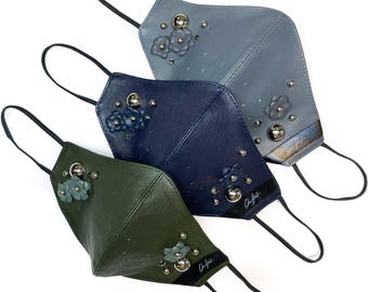 Genuine Italian Stretch Leather Face Protection Mask // Winter Edition // 3-layer Protection // Handmade Flowers // Swarovski Crystals