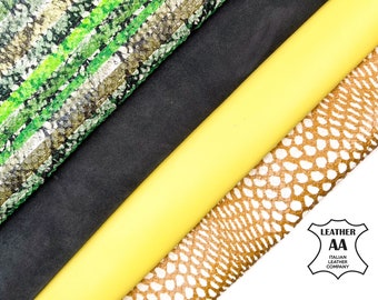 Yellow Lambskin Green Laser Snakeskin Grey Suede Italian Leather Bundle of 4 skins // 3.5-4 sqft // 2-2.75oz/ FREE Express Delivery Included