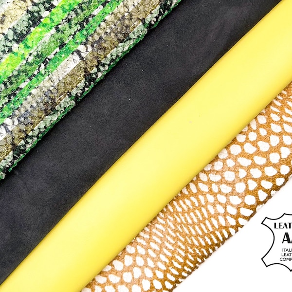 Yellow Lambskin Green Laser Snakeskin Grey Suede Italian Leather Bundle of 4 skins // 3.5-4 sqft // 2-2.75oz/ FREE Express Delivery Included