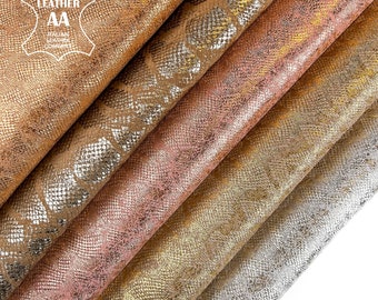 Golden Metallic Snake Print Lambskin 5-8 sqft // 0.48-0.8m2 Embossed Orange,Beige,Pink,Gold,Silver 0.9-1.5mm/1.25-4oz GOLDEN SNAKE Mix1493