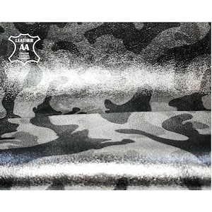Pieles de cuero con camuflaje metalizado plateado // Piel natural con estampado militar // Tamaño de una piel de 4,5 a 5,5 pies cuadrados // EJÉRCITO PLATA 970