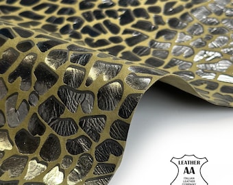 Metallic Giraffe Print Lambskin Leather 2, 3, 4 sqft Hides Silver On Olive Green 0.8–0.9 mm (2-2.25 oz) Giraffe 1696