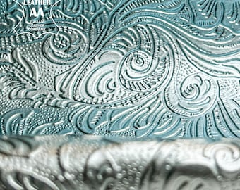 Metallic Light Blue Topaz Lambskin 2 - 5 sqft // 0.16 - 0.5m2 Jacquard Embossed Flower Print 0.7-1mm/1.75-2.5oz TOPAZ FLOWERS 1509