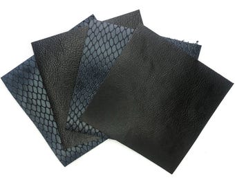 Calf Leather Sheets || Black Cow Leather Pieces || Indigo Blue Textured Pieces || Sizes from 5x5 inches to 18x24 inches