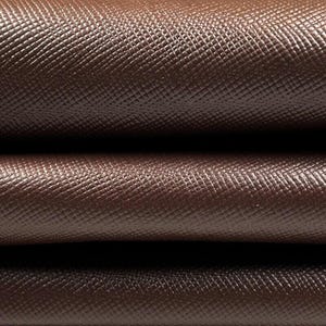 Dark Brown Leather Fabric // Saffiano // Real Animal Leather // Beige Cross-Hatch Pattern Technique // Dark Brown Saffiano, 1075, 0.7mm image 2