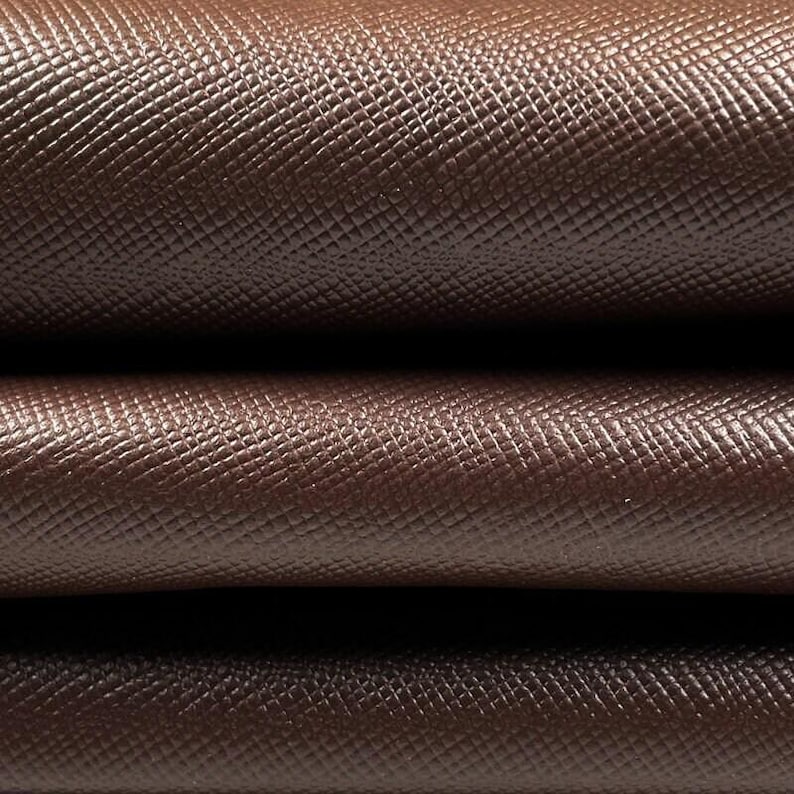 Dark Brown Leather Fabric // Saffiano // Real Animal Leather // Beige Cross-Hatch Pattern Technique // Dark Brown Saffiano, 1075, 0.7mm image 2