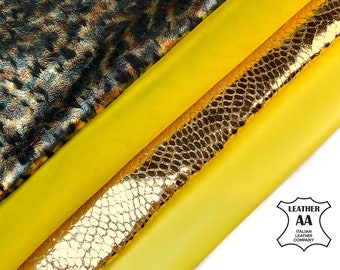 Unique Green Metallic Yellow Suede Lambskin Gold Reptile Italian Leather 4 piece Skin Bundle / 3 - 6 sqft /FREE Express Delivery Included