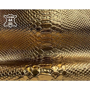 Dark Gold Real Leather Hides // Shiny Italian Lambskin // Bronze Snake Print // Textured Metallic Leather Sewing Pieces 1123, 0.1mm/2.5oz