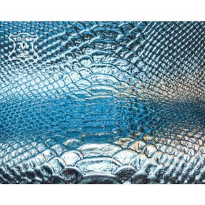 Light Blue Leather Hides With Snake Print // Real Animal Leather // Metallic Lambskin Leather Pieces // Topaz Snake ,1043, 0.7mm/2.5oz