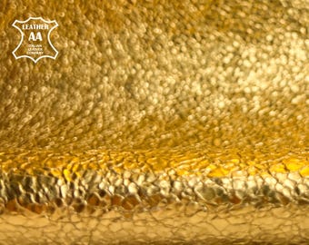 Yellow Metallic Crunchy Gold Leather Hides 3 - 5 sqft // 0.28-0.5m2 Real Italian Lambskin Pieces 1441 1.0mm/2.50z