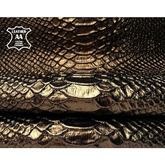 Bronze Glossy Snake print leather, Genuine Italian calf skin