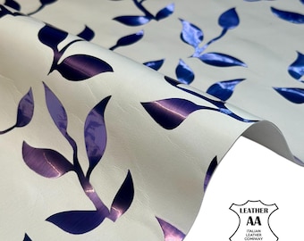 White Lambskin Leather with Metallic Violet Leaves Print, Soft Thin Leather 0.5–0.7 mm (1.25-1.75oz) White Metallic Leaves 1714