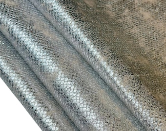 Silver Snake Print Lambskin Leather 5, 8, 9, 10 sqft Metallic Embossed Animal Leather 0.8mm // 2oz Rustic Silver 1699