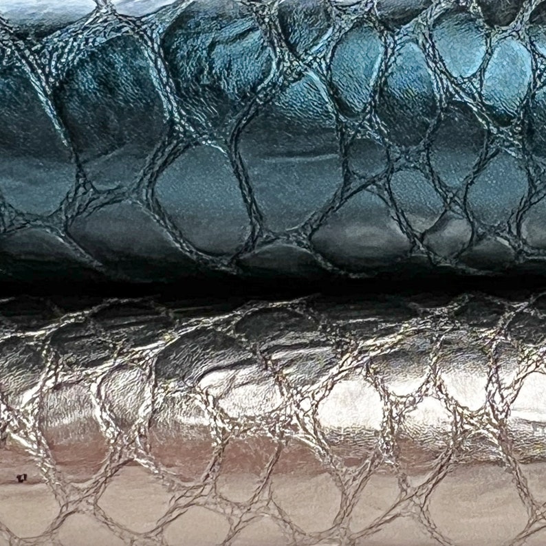 Light Gold And Teal Blue Metallic 4 5 sqft // 0.36 0.5 m2 Reptile Print Leather Thick Lambskin 1mm/2.5oz TEAL & GOLD REPTILE 1505 image 3
