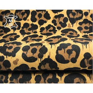 Yellow Leopard Print Leather Hides // The Size of A Hide 4 - 5 sqft // Natural Soft Suede Fabric // Yellow Leopard 987 0.9mm / 2.25oz