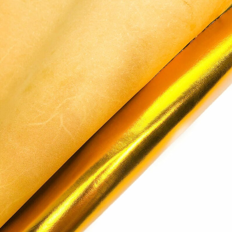 Yellow Metallic Leather Hides // Genuine Leather With Mirror Effect // Bright Shiny Crafting Leather // Yellow Gold 959 0.8mm / 2oz image 3