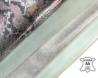 MINT Green Perlamuter Silver Sparkles Snake Embossed, Suede BUNDLE of 4 Lambskin Hides / FREE Express Delivery +Gift / Limited Italian Skins