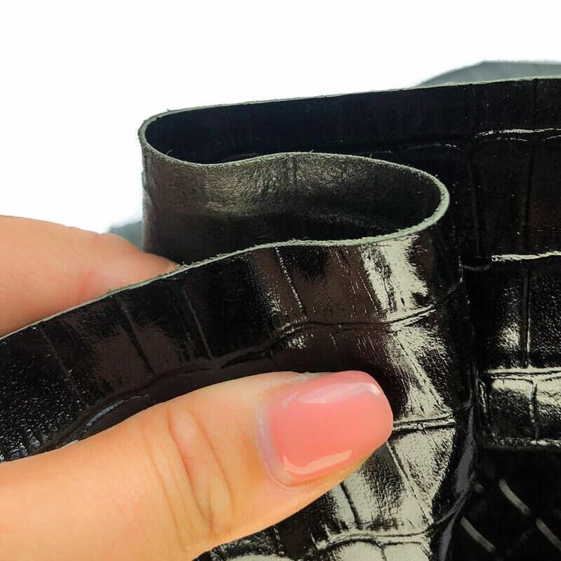 Shiny Black Crocodile // Genuine Black Leather Mixed With Green Hue // Crocodile Print Hides // Pirate Black Crocodile 918 0.8mm / 2 oz image 6