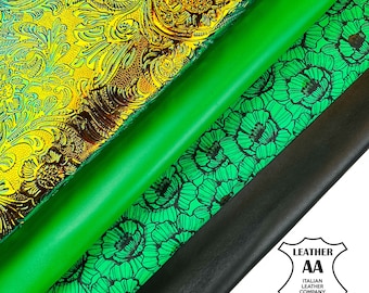 Neon Green Holographic Flower Print Black Lambskin Leather Bundle 5 - 6 sqft // 0.46 - 0.58m2 Limited Edition Italian 0.4-0.9mm // 1-2.25oz